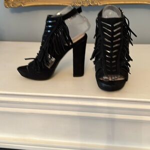 Bar III Women’s Sz 6.5 Black Fringe Sexy Party Club Dance Suede Goth Witchy Heel